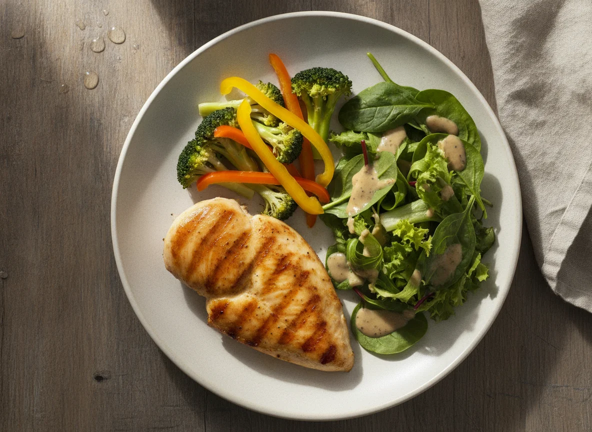 Pechuga de pollo a la plancha con verduras al vapor y ensalada photo
