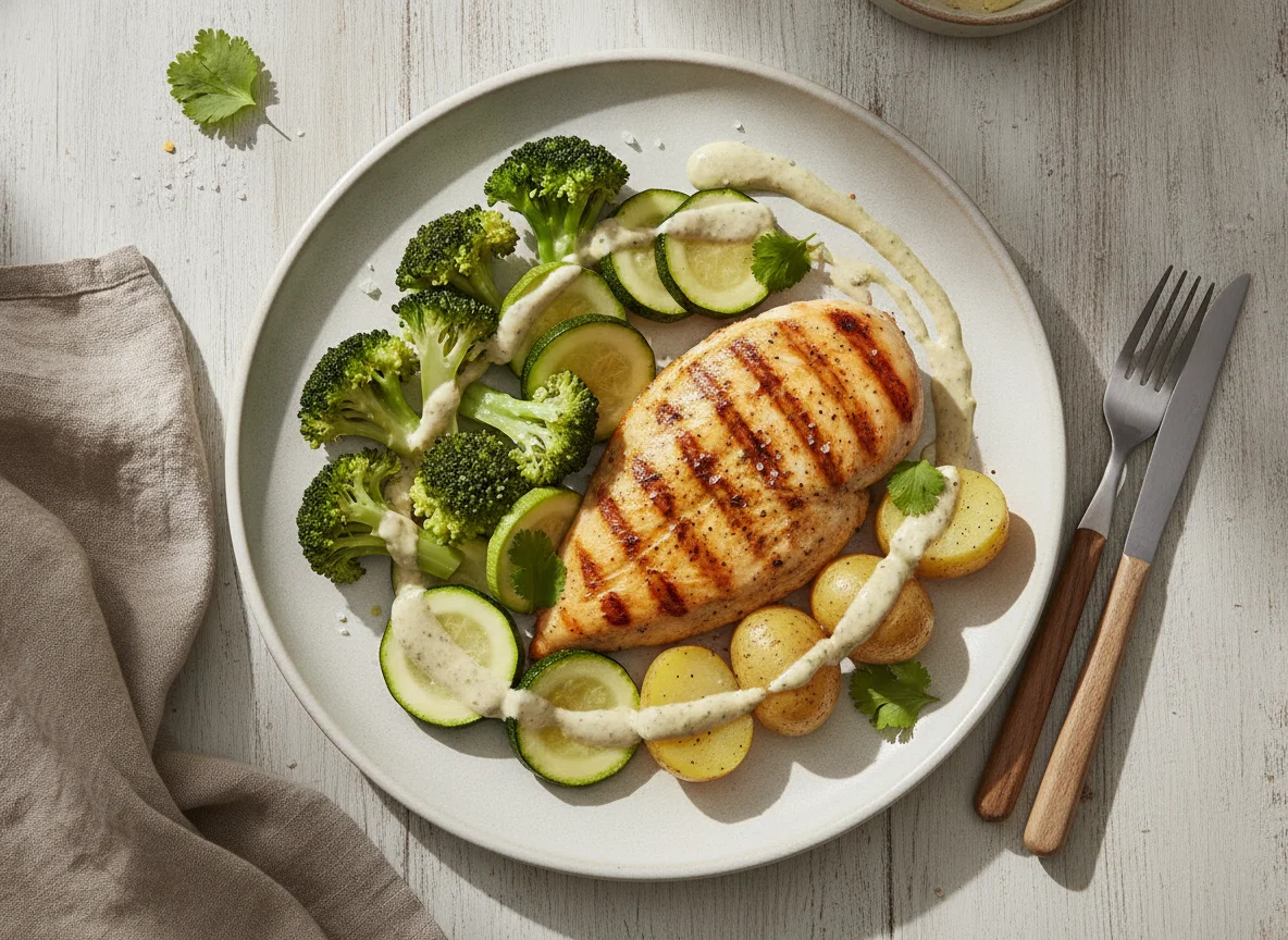 Pechuga de pollo a la plancha con verduras al vapor y aderezo photo
