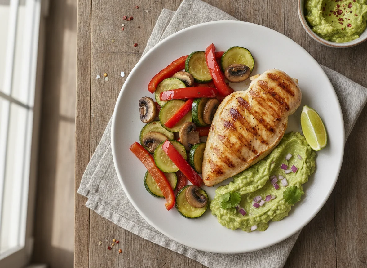 Pechuga de pollo a la plancha con verduras salteadas y guacamole photo