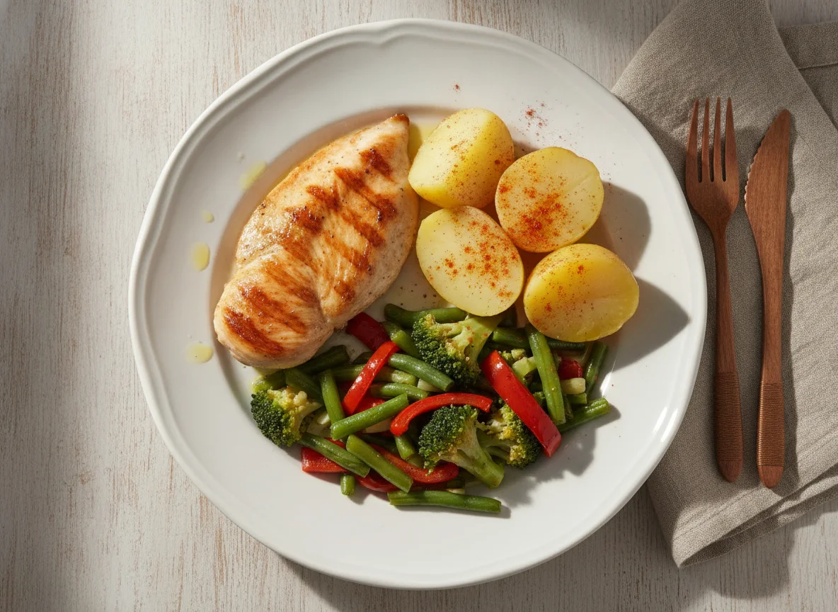 Pechuga de pollo a la plancha con verduras salteadas y patatas cocidas photo