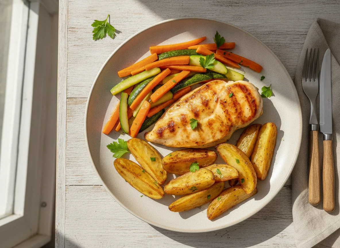 Pechuga de pollo a la plancha con verduras salteadas y papas photo