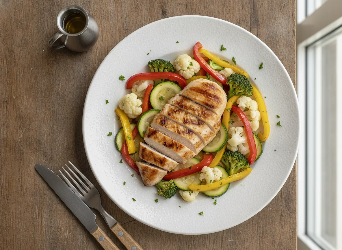 Pechuga de pollo a la plancha con verduras salteadas photo