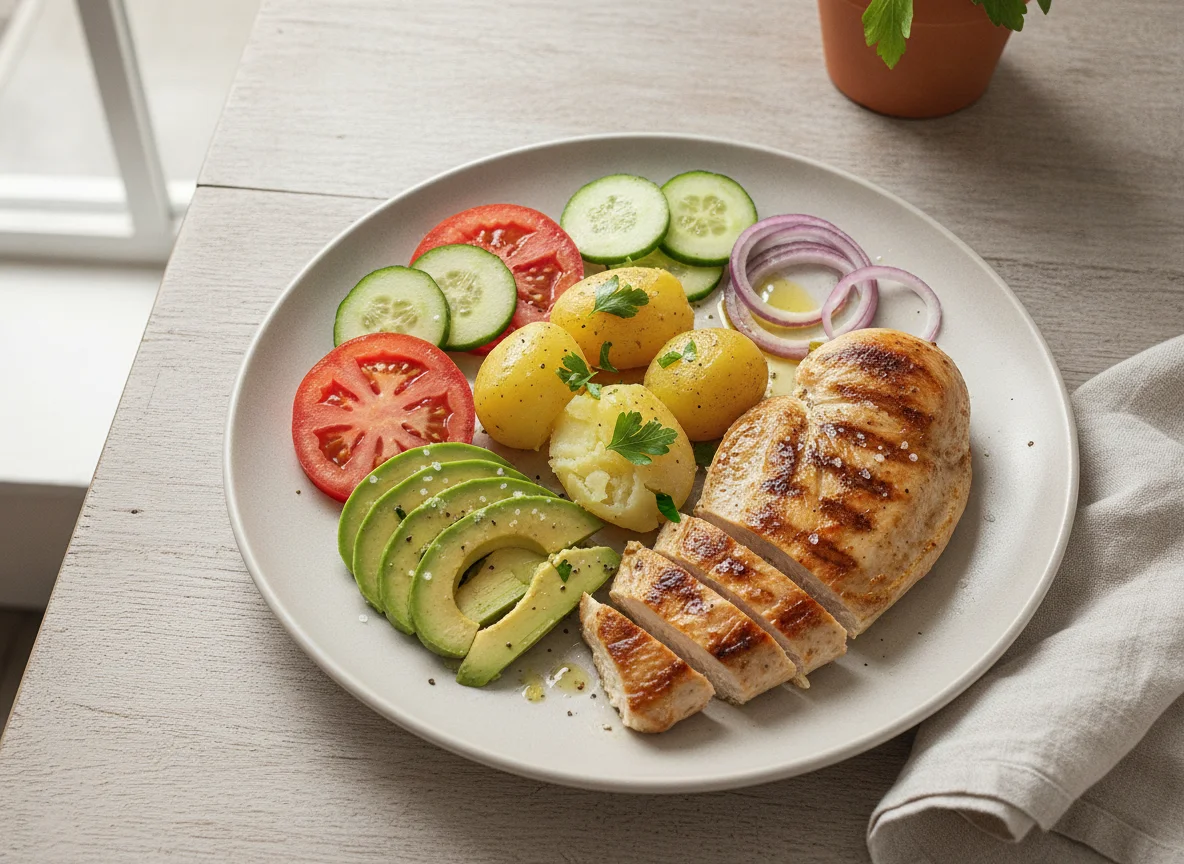 Pechuga de pollo a la plancha con verduras y papas photo