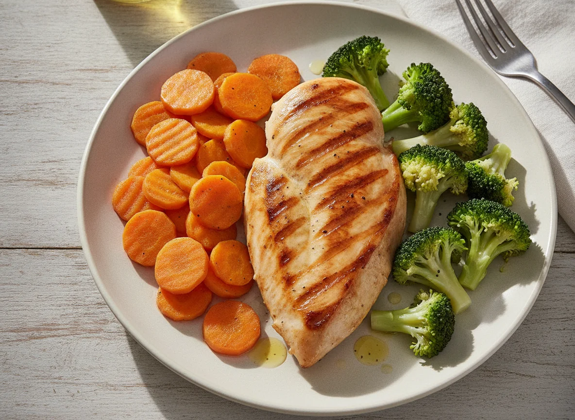Pechuga de pollo a la plancha con zanahorias y brócoli salteados photo