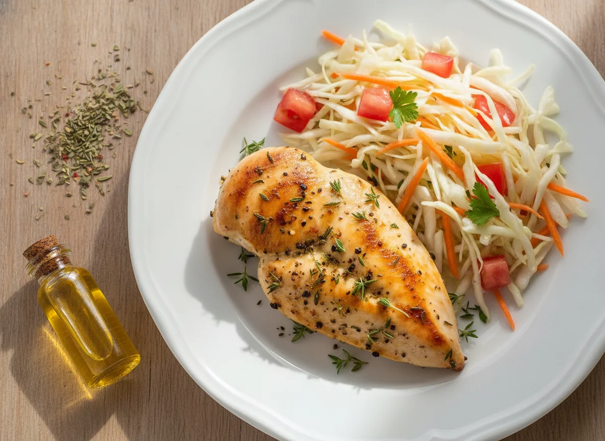 Pechuga de pollo a las finas hierbas con ensalada de col y zanahoria photo