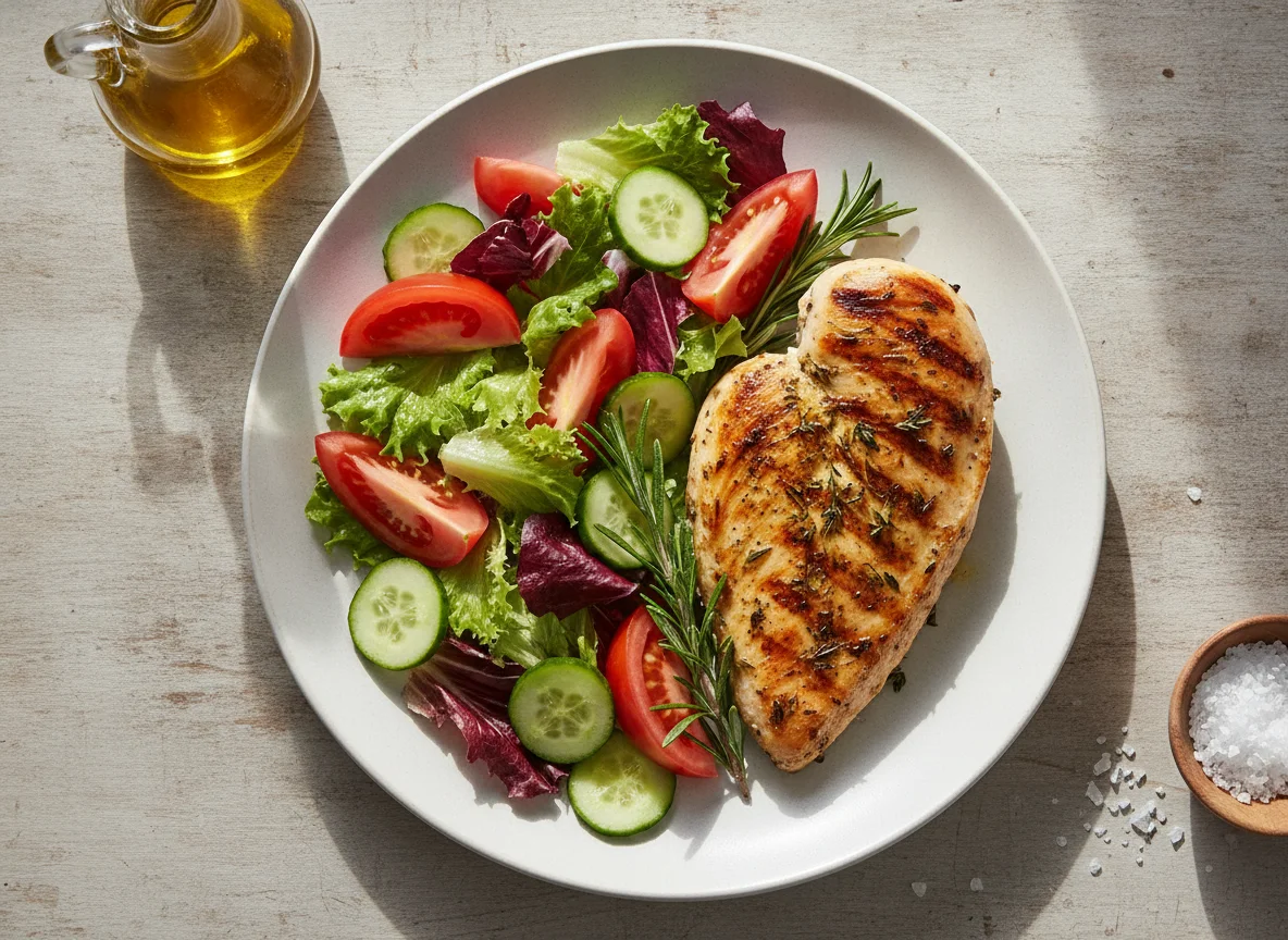 Pechuga de pollo a las hierbas con ensalada photo