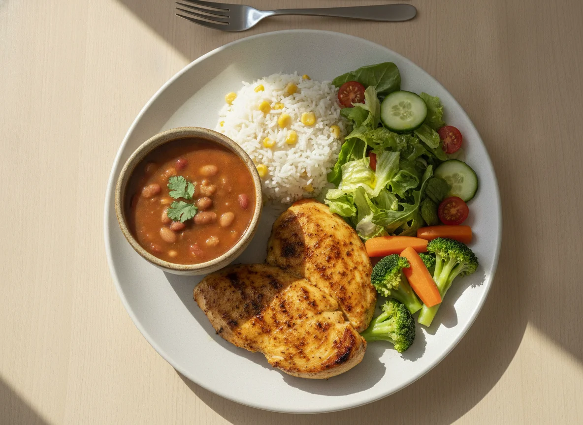 Pechuga de pollo adobada con arroz, ensalada y sopa de alubias photo