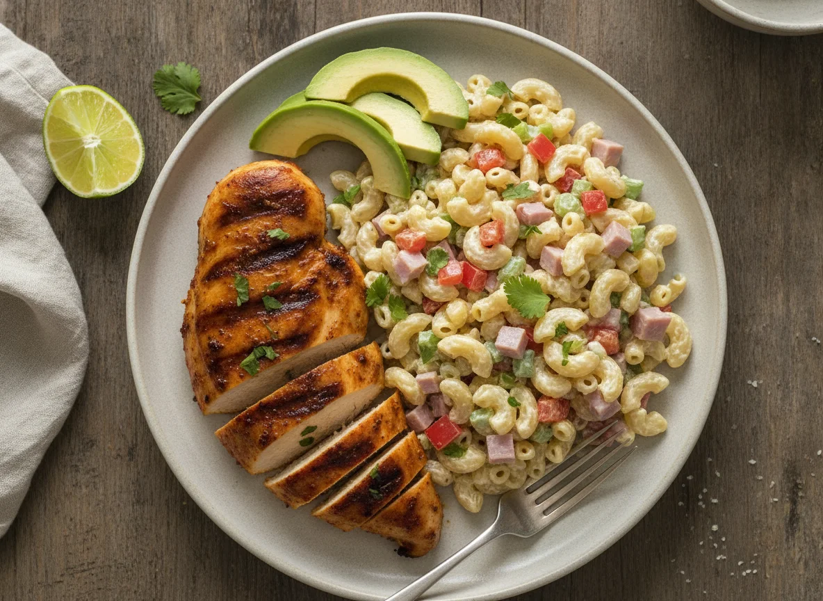 Pechuga de pollo adobada con ensalada de coditos y aguacate photo