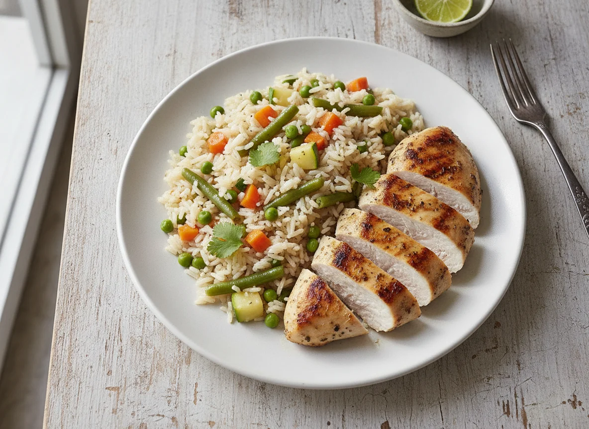 Pechuga de pollo asada con arroz a la jardinera photo