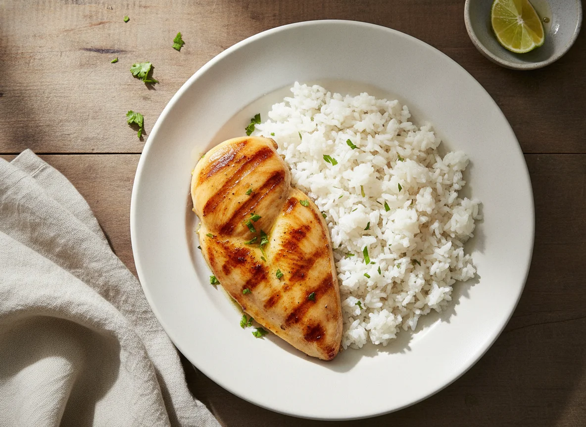 Pechuga de pollo asada con arroz blanco photo