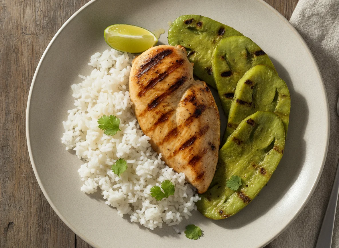 Pechuga de pollo asada con arroz blanco y nopales photo
