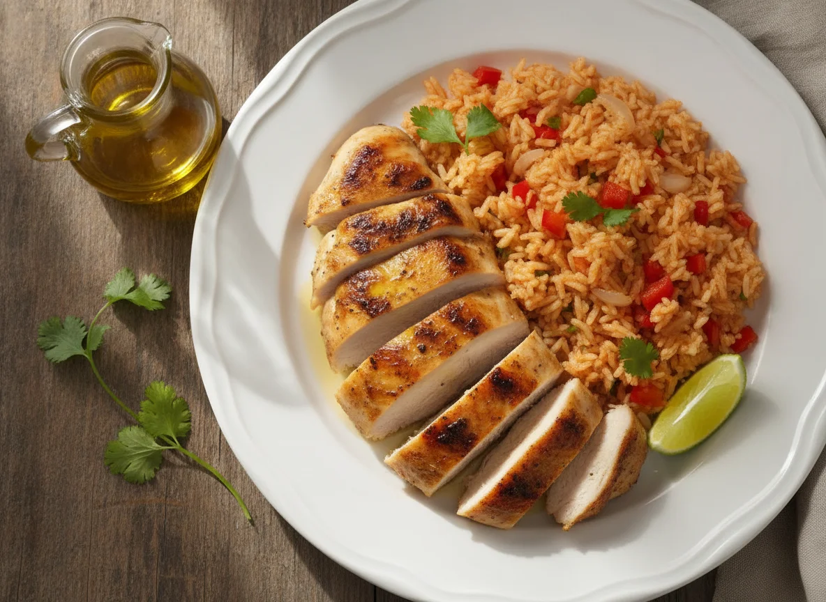 Pechuga de pollo asada con arroz rojo photo