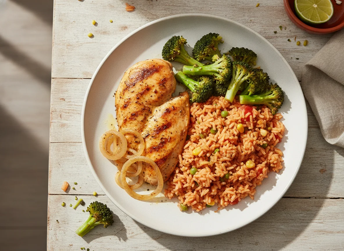 Pechuga de pollo asada con arroz rojo y brócoli photo