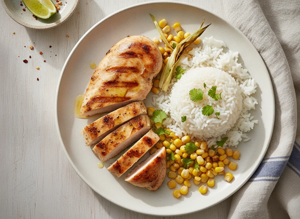 Pechuga de pollo asada con arroz y elote photo