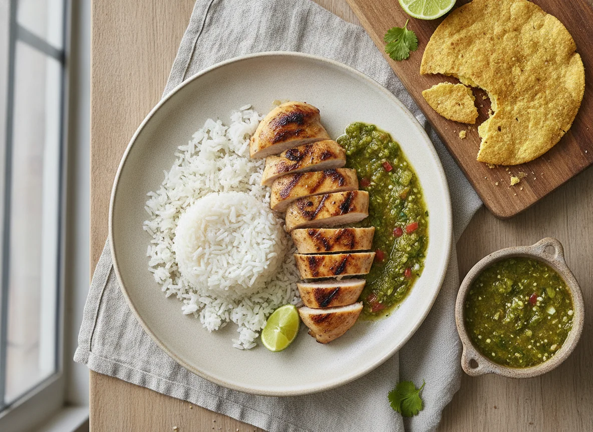 Pechuga de pollo asada con arroz y salsa verde photo