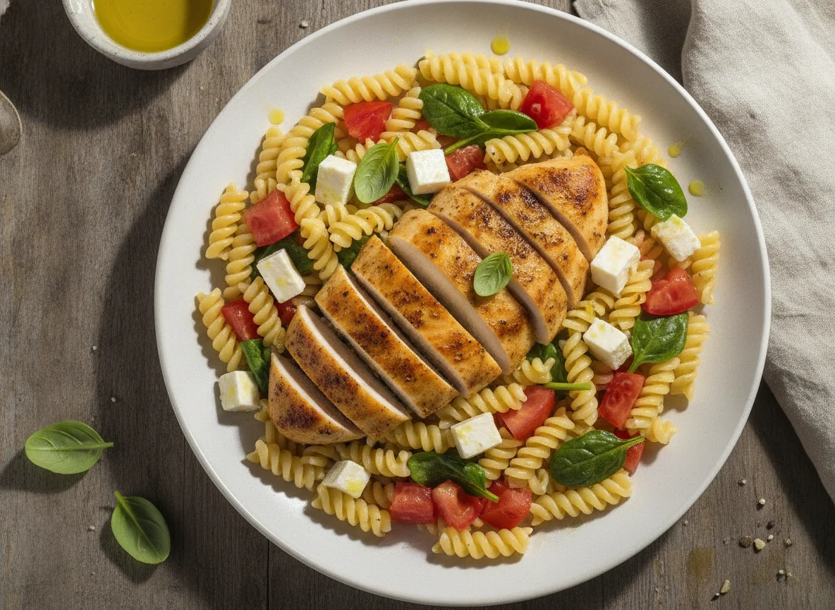 Pechuga de pollo asada con ensalada de pasta fusilli photo