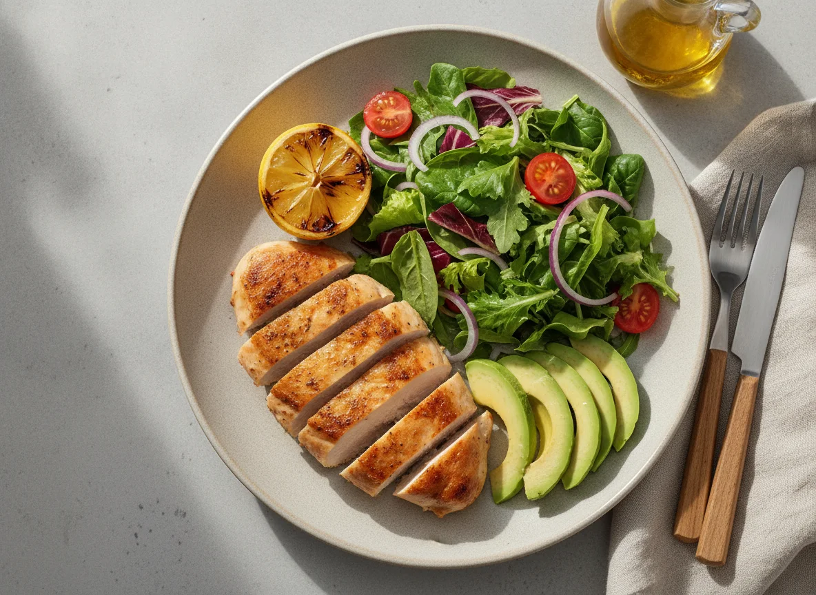 Pechuga de pollo asada con ensalada y aguacate photo