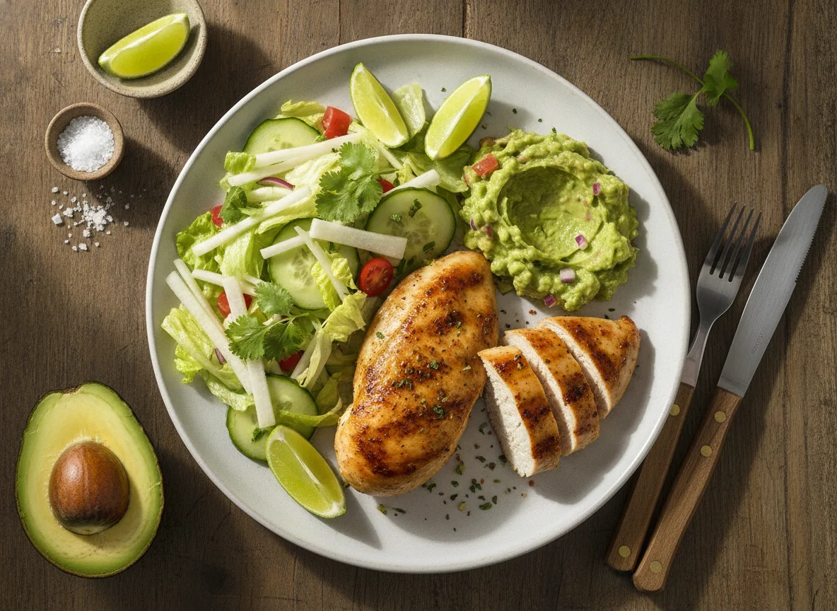 Pechuga de pollo asada con ensalada y guacamole photo