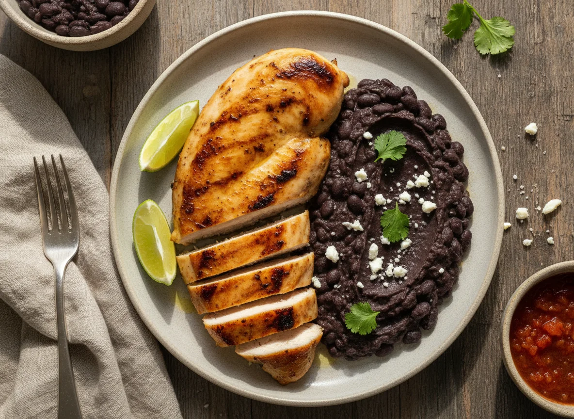 Pechuga de pollo asada con frijoles refritos photo
