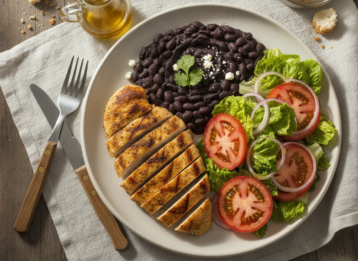 Pechuga de pollo asada con frijoles refritos y ensalada photo