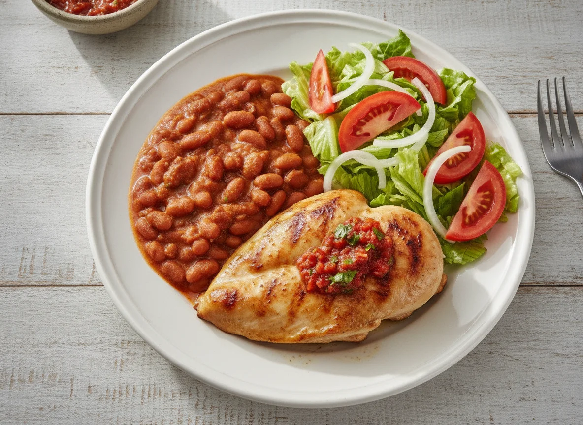 Pechuga de pollo asada con frijoles y ensalada photo