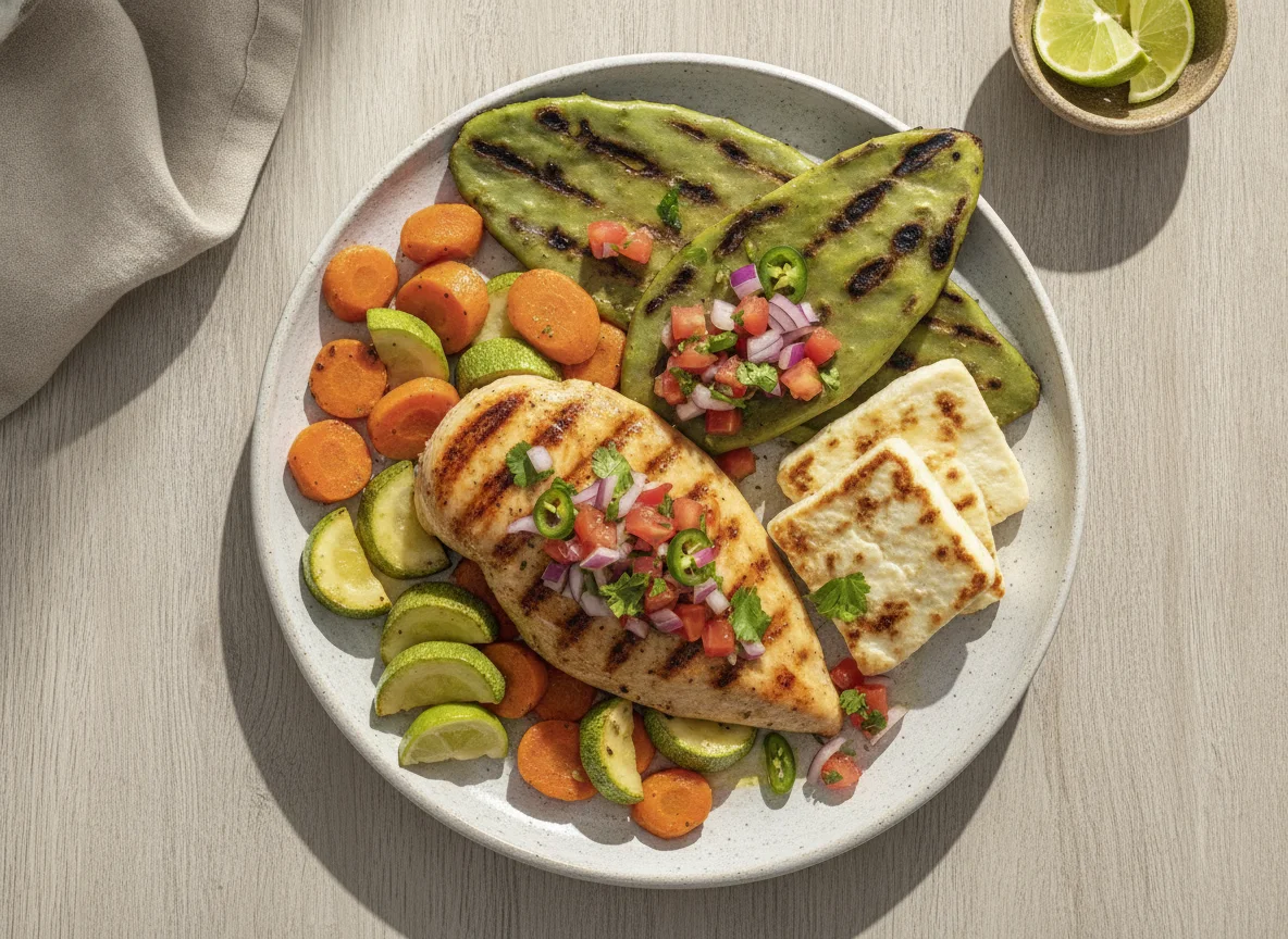 Pechuga de pollo asada con nopales, queso y verduras photo