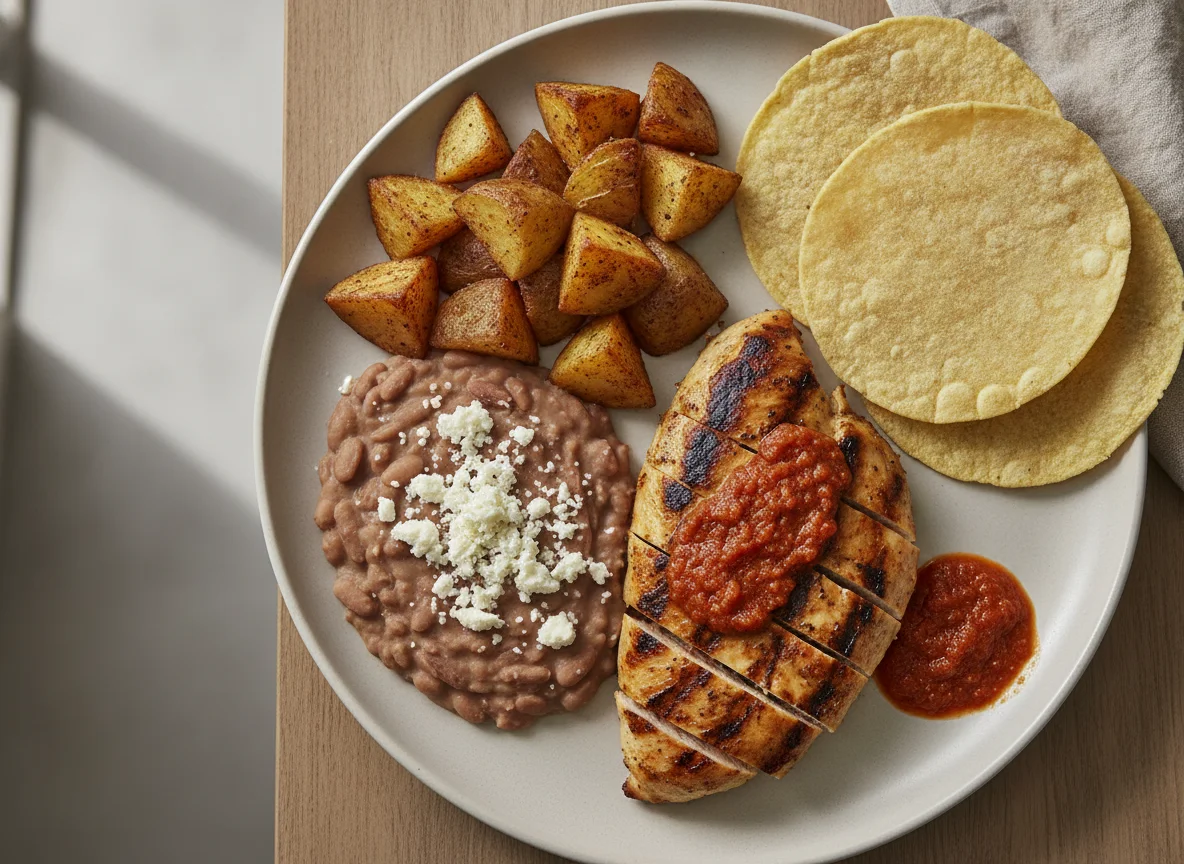 Pechuga de pollo asada con papas, frijoles y tortilla photo