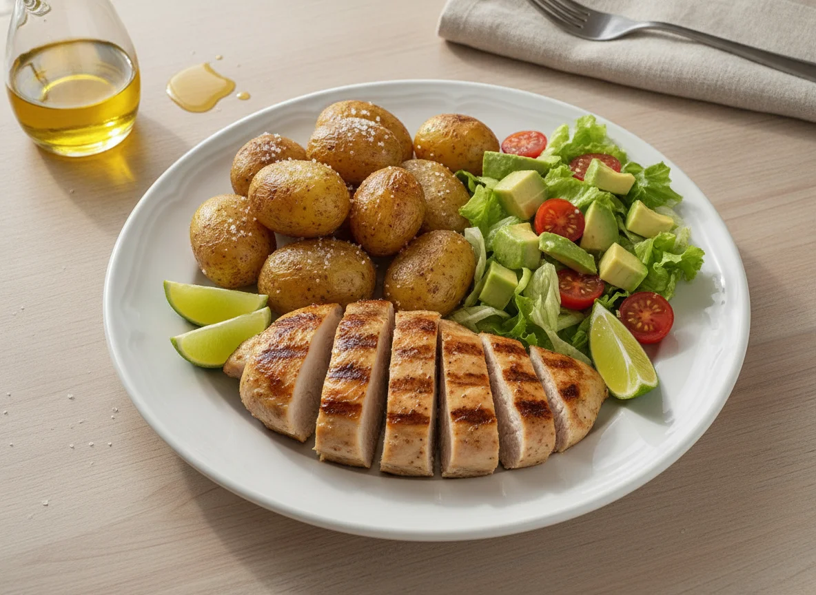 Pechuga de pollo asada con papas saladas y ensalada de aguacate photo