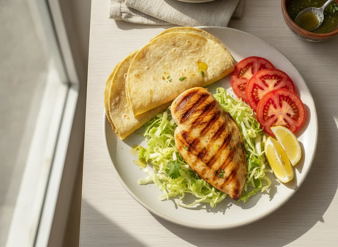 Pechuga de pollo asada con tortillas y ensalada photo