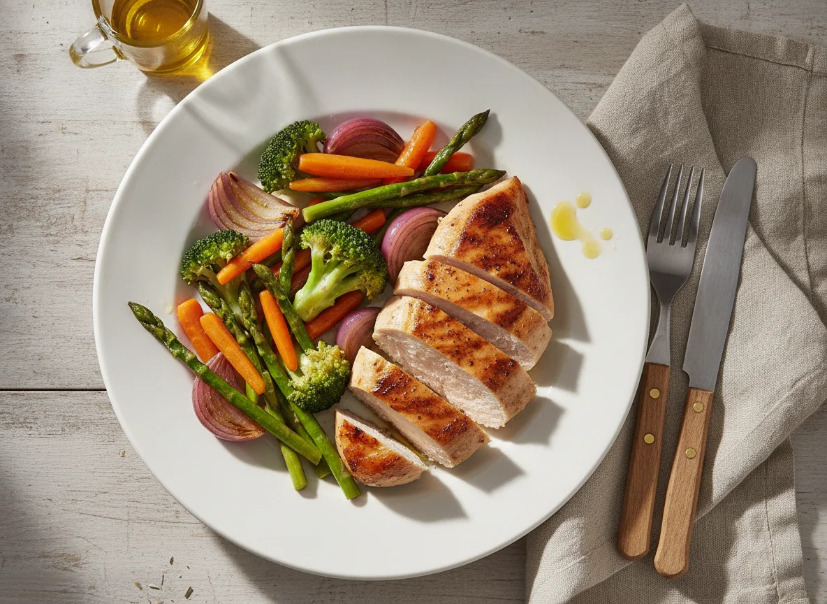 Pechuga de pollo asada con verduras salteadas photo