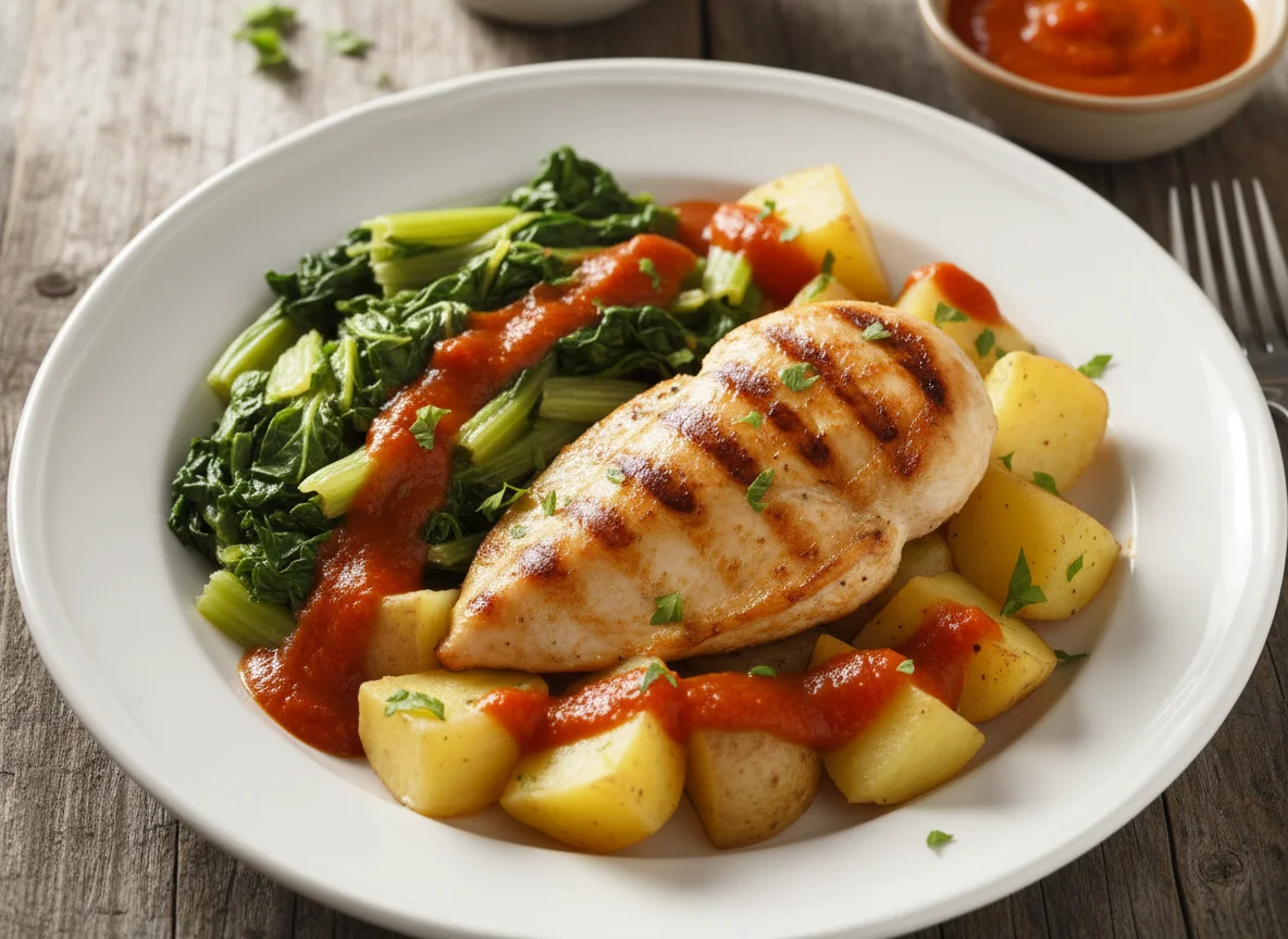 Pechuga de pollo con acelgas y patatas photo