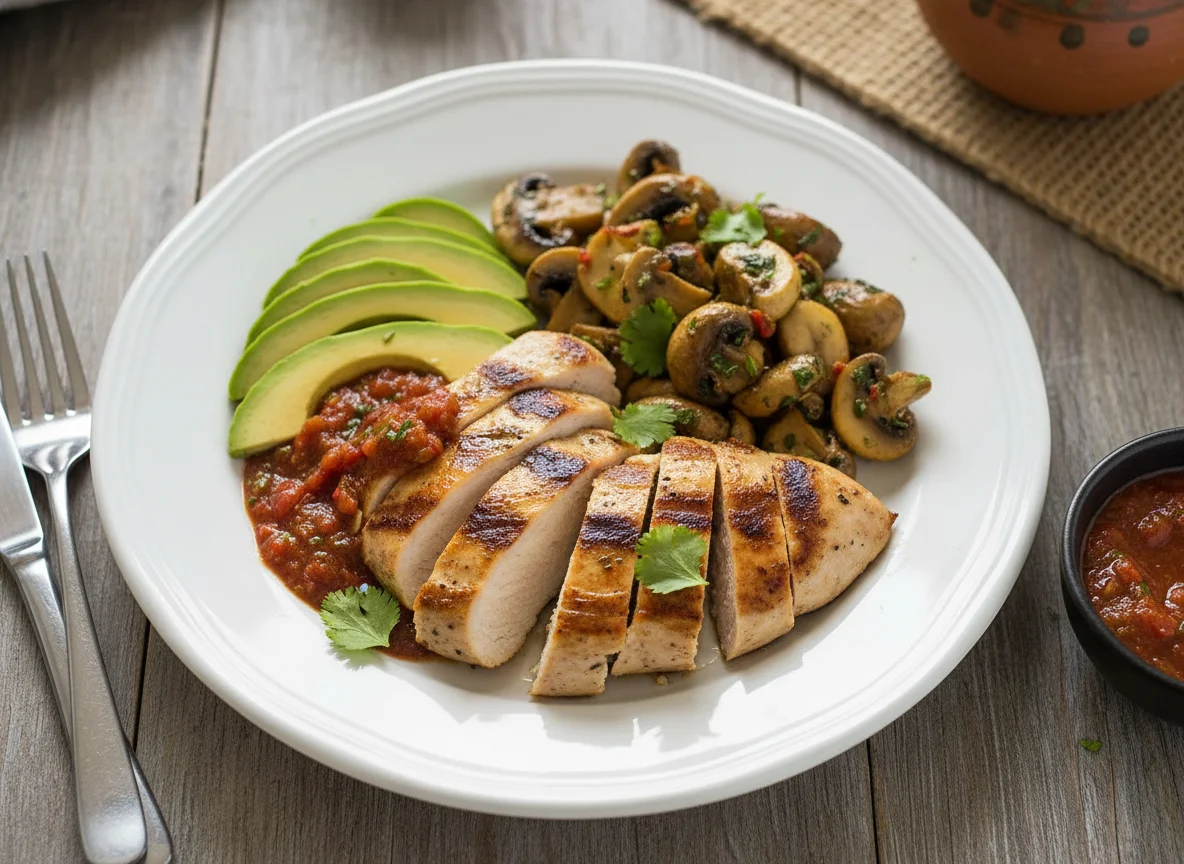 Pechuga de pollo con aguacate, champiñones y salsa photo