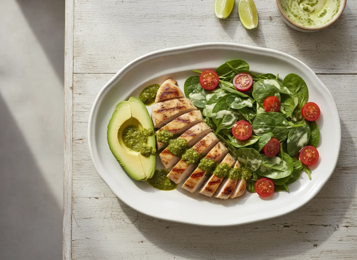Pechuga de pollo con aguacate y ensalada photo
