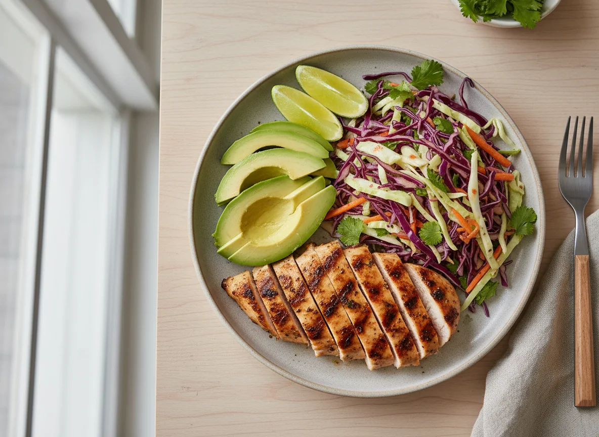 Pechuga de pollo con aguacate y ensalada de repollo photo