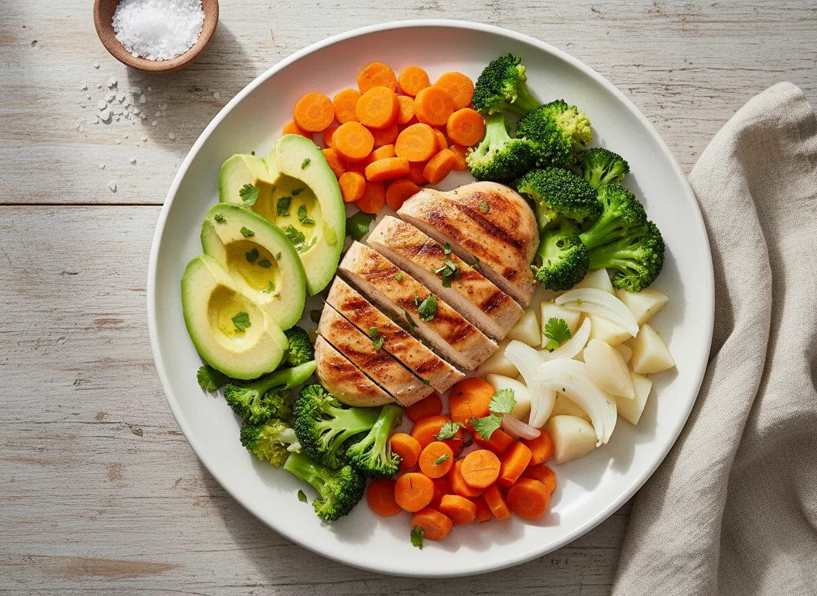 Pechuga de pollo con aguacate y verduras al vapor photo