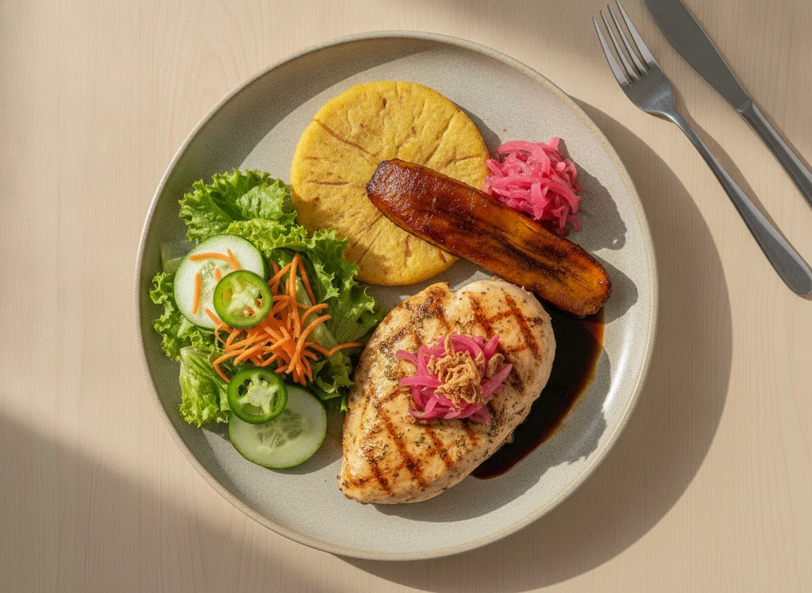 Pechuga de pollo con arepa, plátano maduro y ensalada photo
