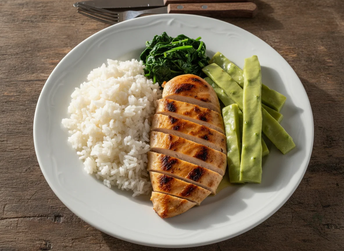 Pechuga de pollo con arroz blanco y nopales photo