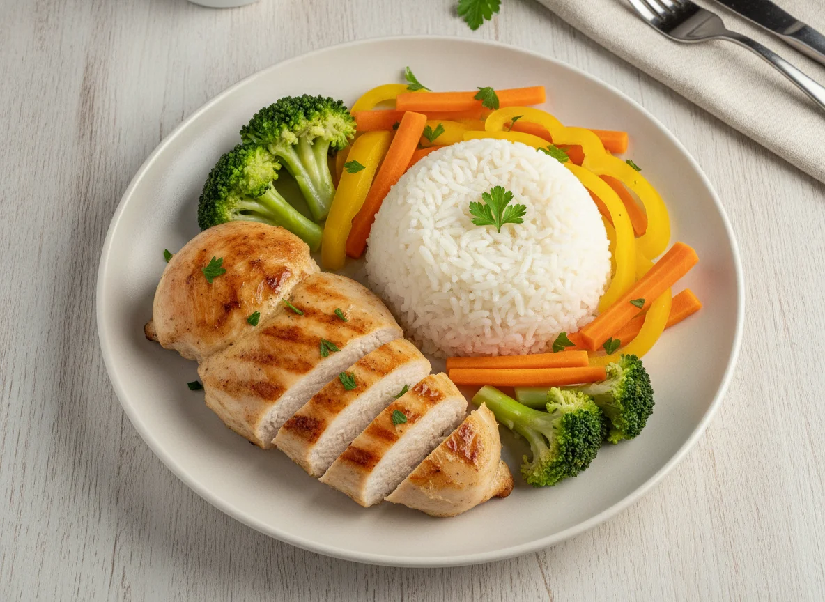 Pechuga de pollo con arroz blanco y vegetales al vapor photo