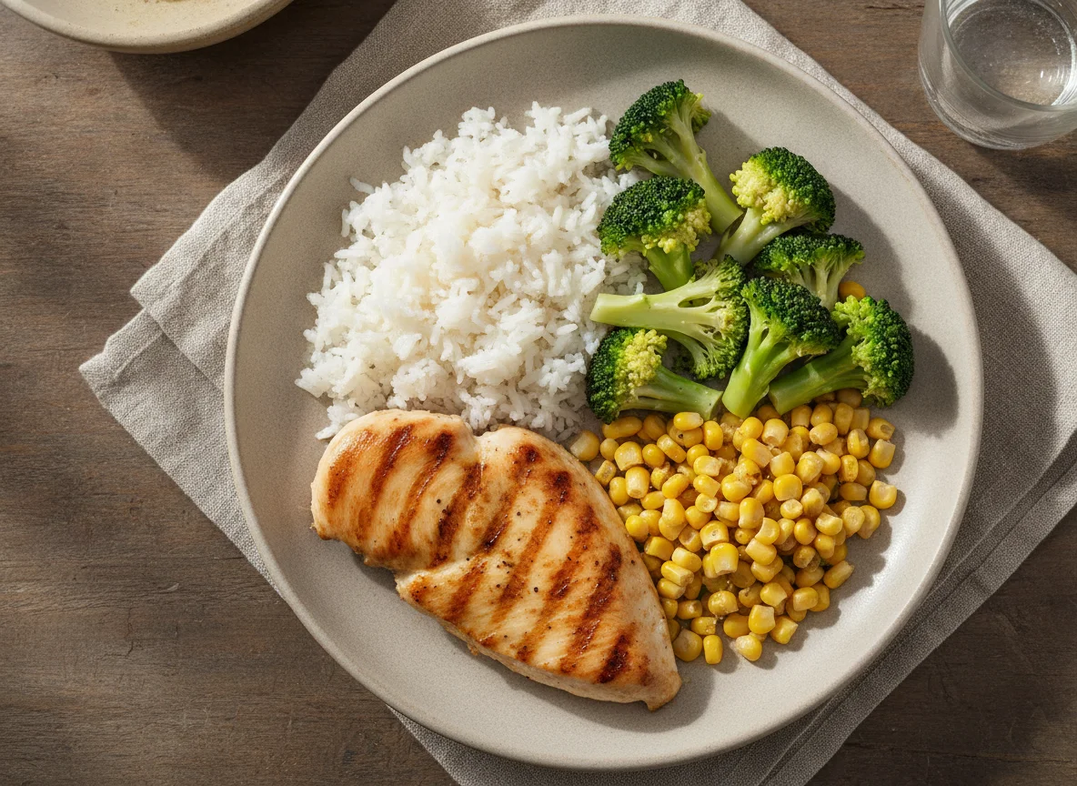 Pechuga de pollo con arroz, brócoli y elote photo
