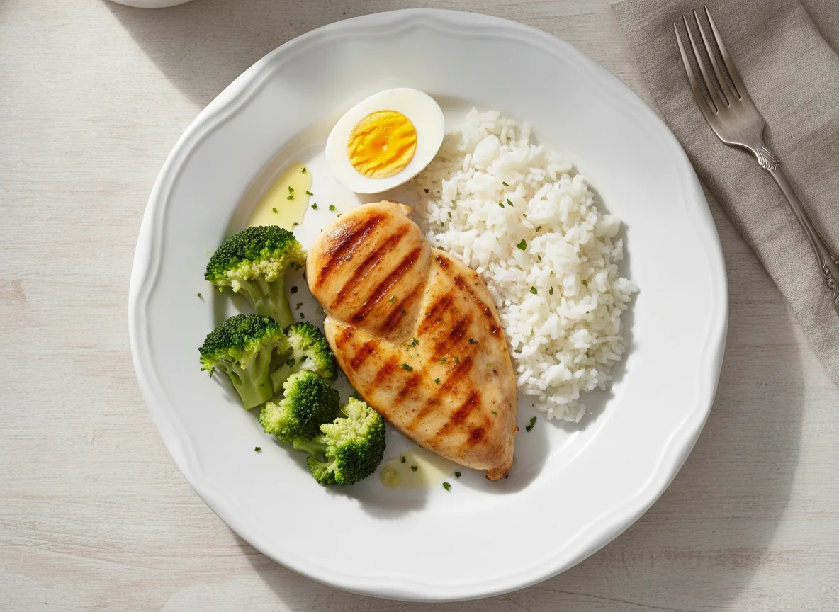 Pechuga de pollo con arroz, brócoli y huevo duro photo