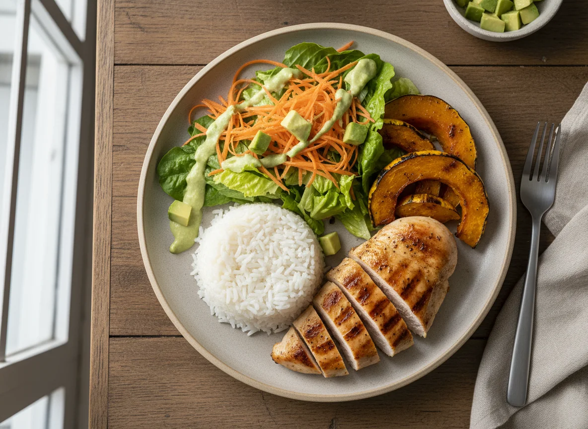 Pechuga de pollo con arroz, calabaza y ensalada photo