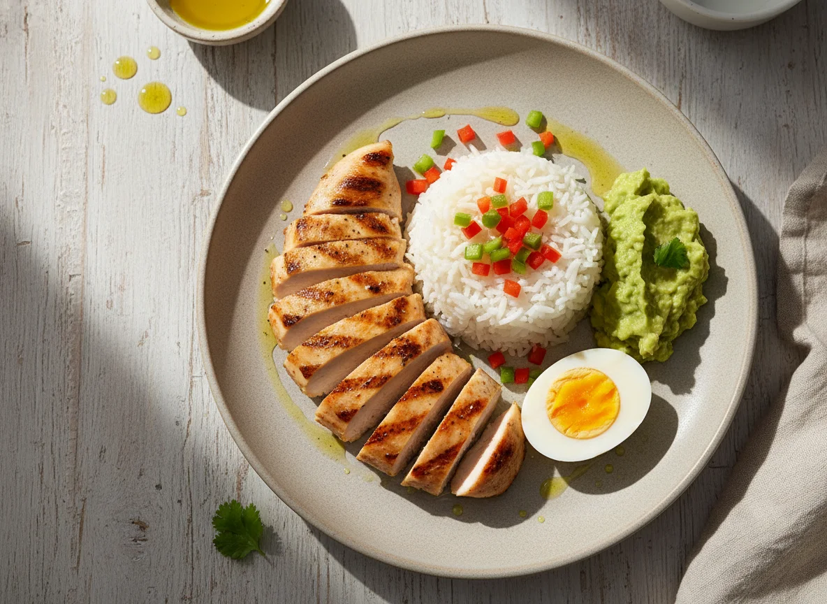 Pechuga de pollo con arroz, guacamole y huevo cocido photo