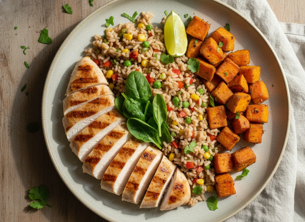 Pechuga de pollo con arroz integral y boniato photo