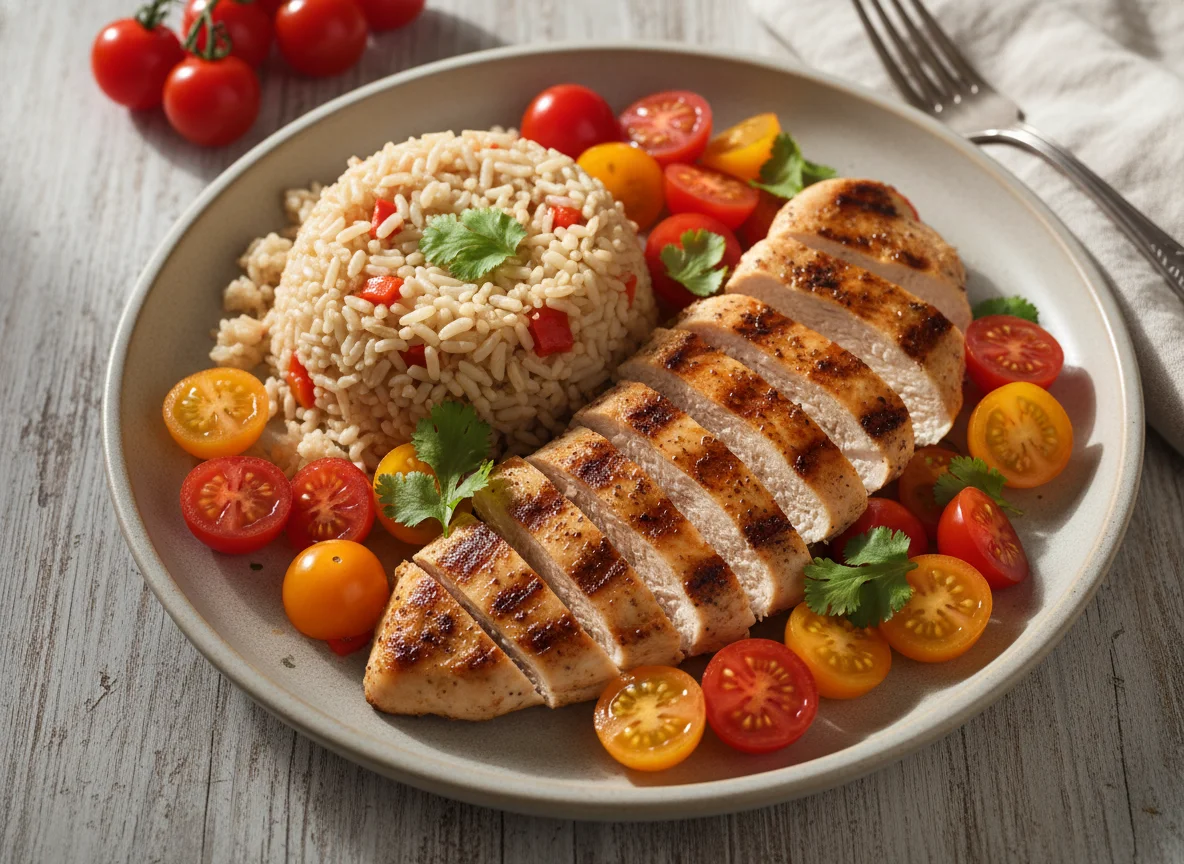 Pechuga de pollo con arroz integral y tomates cherry photo