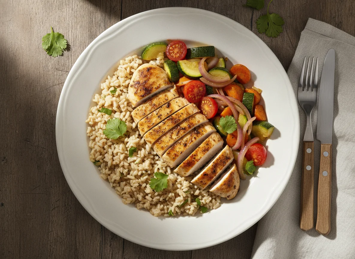 Pechuga de pollo con arroz integral y vegetales photo