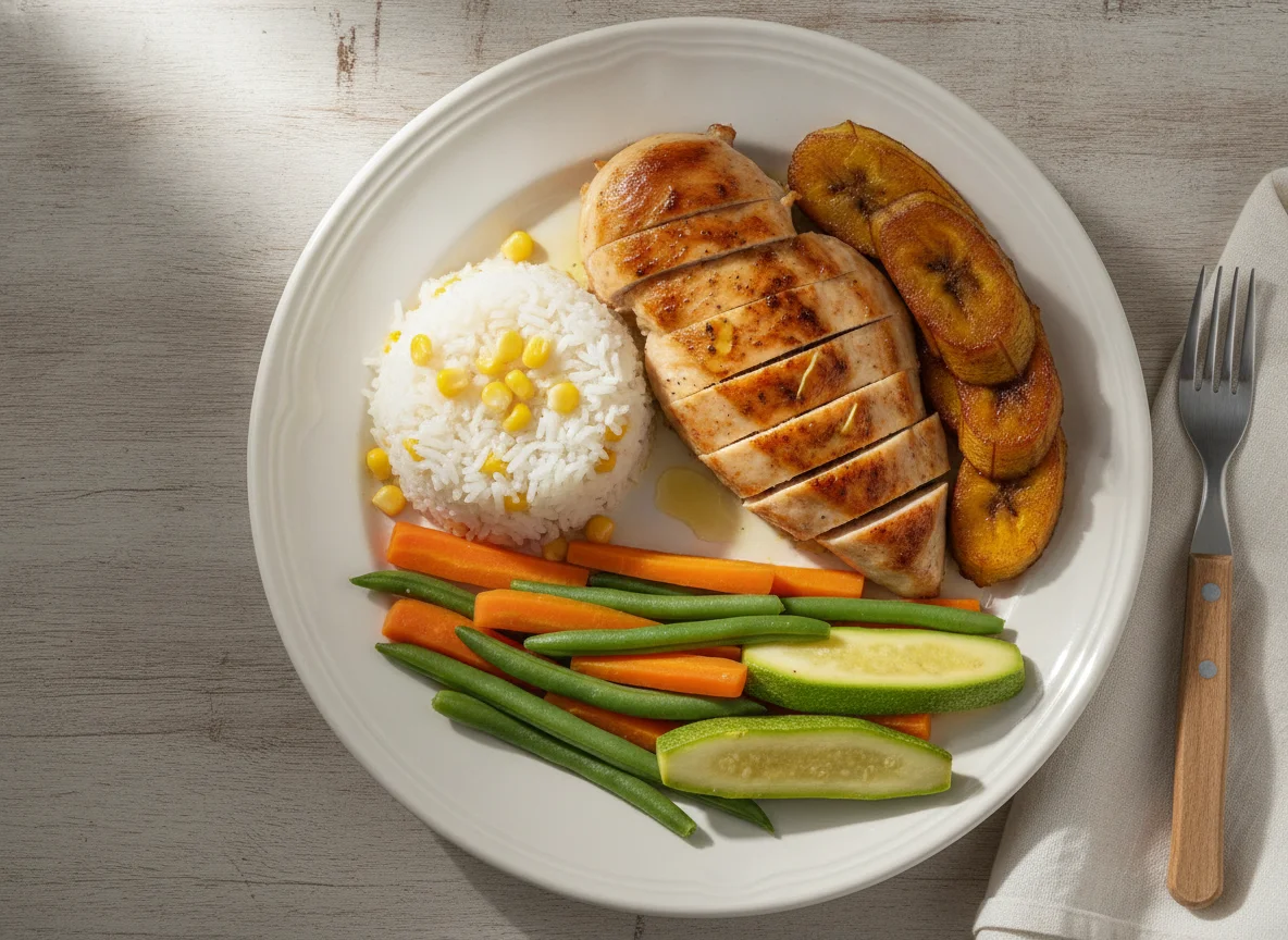 Pechuga de pollo con arroz, plátano y verduras al vapor photo