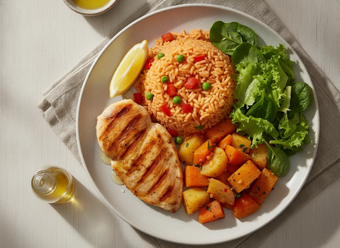 Pechuga de pollo con arroz rojo y ensalada photo