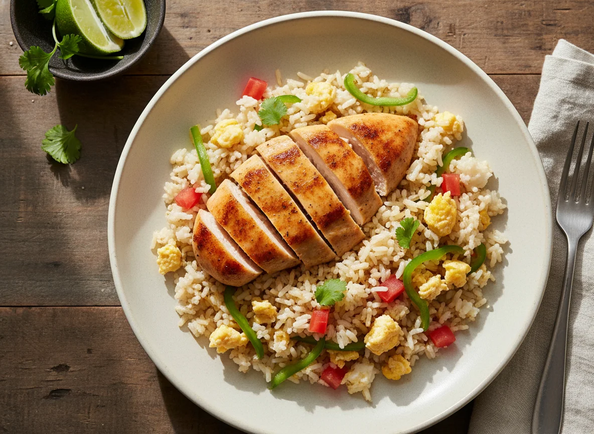 Pechuga de pollo con arroz salteado photo