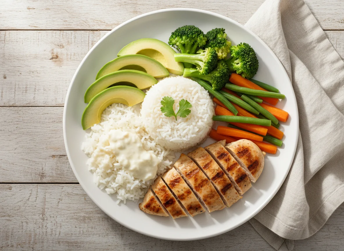 Pechuga de pollo con arroz, vegetales y aguacate photo