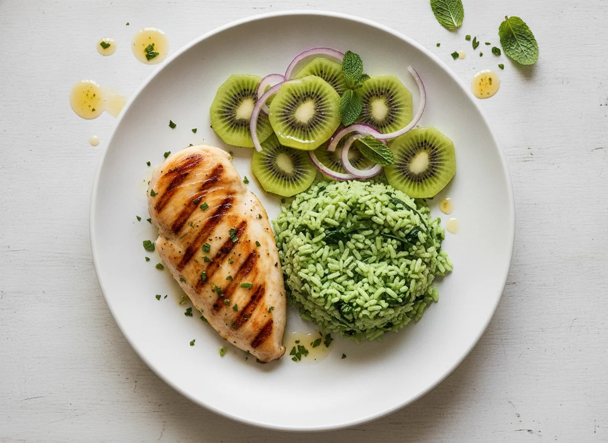 Pechuga de pollo con arroz verde y ensalada de kiwi photo